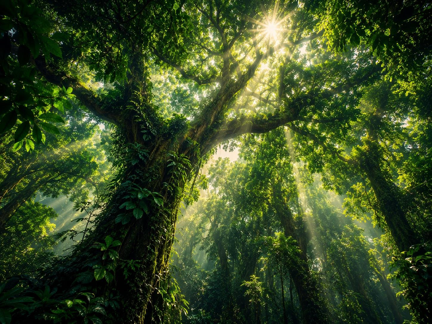 A lush green forest canopy with sunlight streaming through the leaves, illuminating mist and creating a bright, airy glow among the trees. Whispering Waterfalls featuring cascading rainforest waterfalls with emerald foliage and crystal-clear pools on a premium ChromaLuxe metal print.