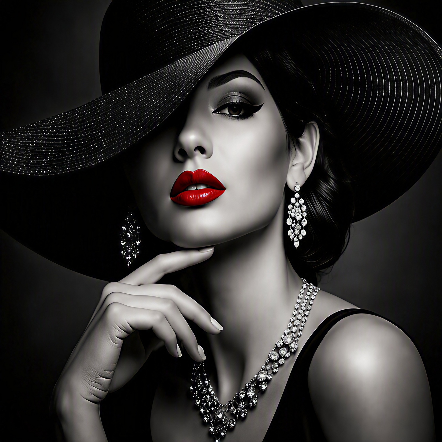A high-contrast black and white portrait of a woman wearing a large black hat, red lipstick, sparkling diamond-like earrings, and a jeweled necklace against a dark studio background. Luxury monochrome fashion portrait featuring a dramatic wide-brim hat, elegant jewelry, and striking crimson accents, printed on premium Chromaluxe aluminum metal.