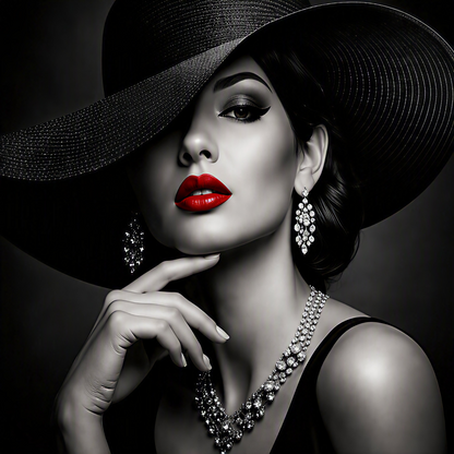 A high-contrast black and white portrait of a woman wearing a large black hat, red lipstick, sparkling diamond-like earrings, and a jeweled necklace against a dark studio background. Luxury monochrome fashion portrait featuring a dramatic wide-brim hat, elegant jewelry, and striking crimson accents, printed on premium Chromaluxe aluminum metal.