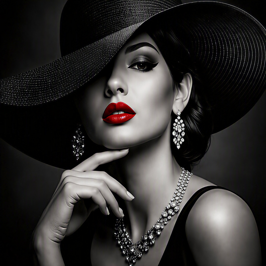 A high-contrast black and white portrait of a woman wearing a large black hat, red lipstick, sparkling diamond-like earrings, and a jeweled necklace against a dark studio background. Luxury monochrome fashion portrait featuring a dramatic wide-brim hat, elegant jewelry, and striking crimson accents, printed on premium Chromaluxe aluminum metal.