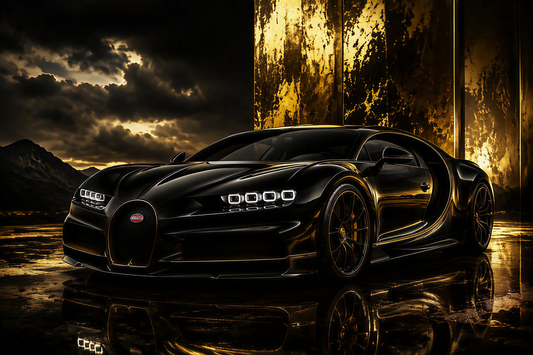 A glossy black Bugatti Chiron sports car parked on a reflective wet surface at dusk, with dramatic golden light on a textured wall and dark storm clouds in the background.