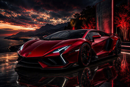 A glossy red Lamborghini sports car parked on a reflective wet surface at dusk, with mountains, sea, and a dramatic orange-red sunset sky in the background.