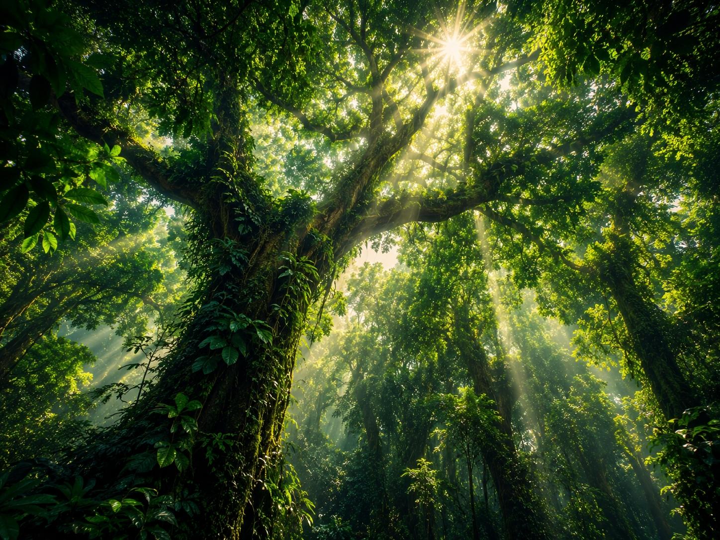 A lush green forest canopy with sunlight streaming through the leaves, illuminating mist and creating a bright, airy glow among the trees. Whispering Waterfalls featuring cascading rainforest waterfalls with emerald foliage and crystal-clear pools on a premium ChromaLuxe metal print.