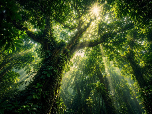 A lush green forest canopy with sunlight streaming through the leaves, illuminating mist and creating a bright, airy glow among the trees. Whispering Waterfalls featuring cascading rainforest waterfalls with emerald foliage and crystal-clear pools on a premium ChromaLuxe metal print.