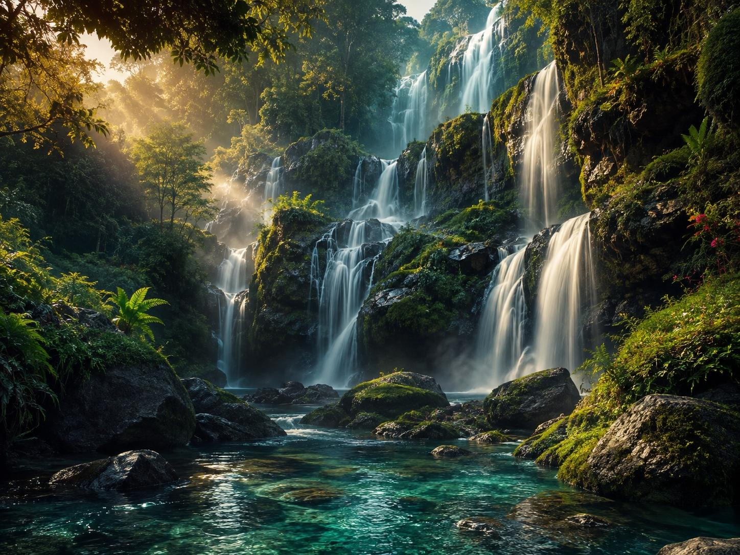 A lush tropical waterfall scene with multiple cascades flowing over mossy rocks into a clear turquoise pool, surrounded by dense green foliage and warm sunlight filtering through the trees. Whispering Waterfalls featuring cascading rainforest waterfalls with emerald foliage and crystal-clear pools on a premium ChromaLuxe metal print.