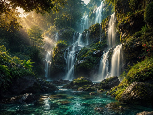 A lush tropical waterfall scene with multiple cascades flowing over mossy rocks into a clear turquoise pool, surrounded by dense green foliage and warm sunlight filtering through the trees. Whispering Waterfalls featuring cascading rainforest waterfalls with emerald foliage and crystal-clear pools on a premium ChromaLuxe metal print.