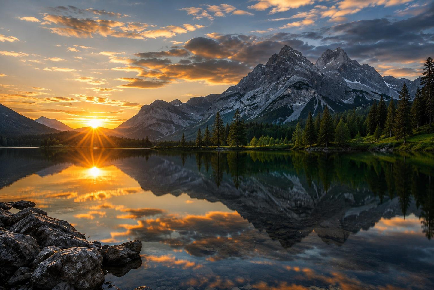 Golden Horizon – Alpine Sunrise | Premium ChromaLuxe® Aluminum Metal Print | Gloss Finish