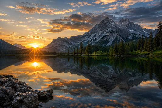 Golden Horizon – Alpine Sunrise | Premium ChromaLuxe® Aluminum Metal Print | Gloss Finish