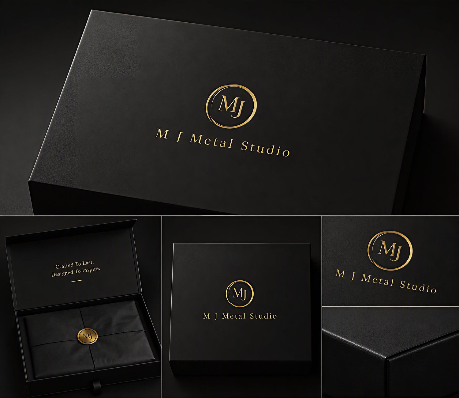 A premium black jewelry gift box set from M J Metal Studio, featuring a large outer box with gold foil branding, an open inner box with a black velvet-lined compartment and gold seal, and close-up panels showing the magnetic closure and soft touch finish.